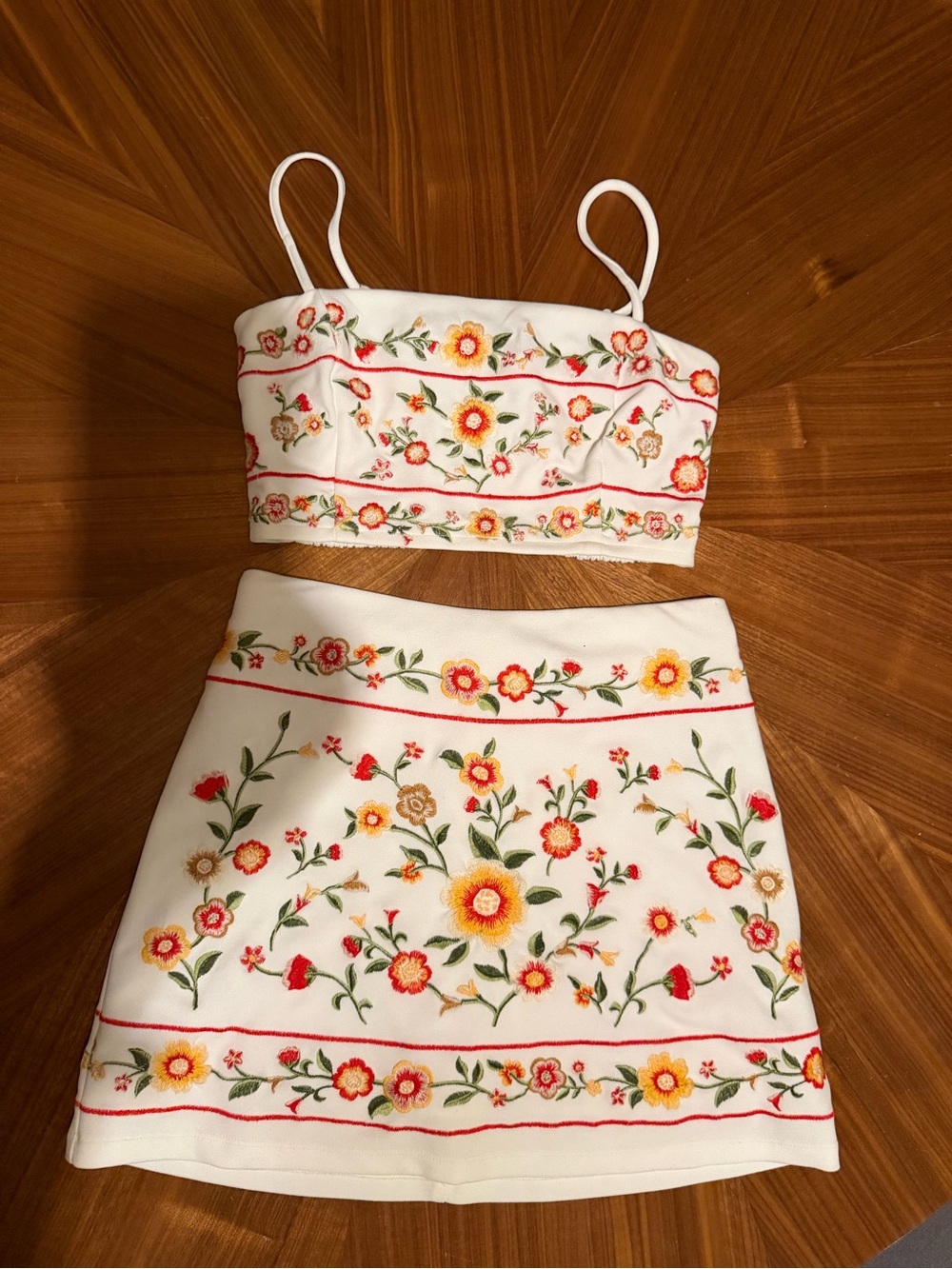 Forever 21 White Floral Embroidered Two-Piece Skirt Set